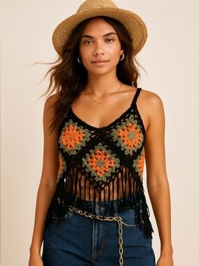 Crochet Fringe Tank Top,Orange & Green hand knit granny square,flattering,unique